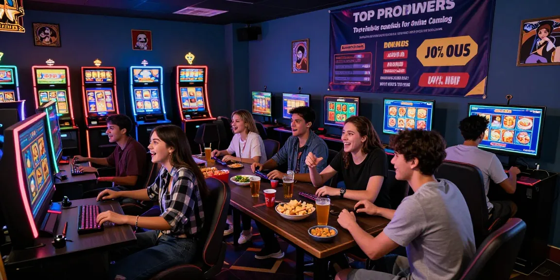 A group enjoying zeus slot in an exciting gaming lounge ambiance, LED lights and casino decor enhancing the thrilling atmosphere.