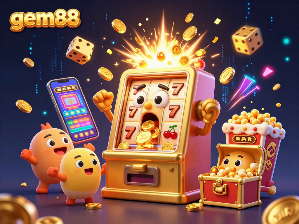 Experience excitement at gem88 as a joyful slot machine hits its jackpot, surrounded by cheering characters and golden confetti.