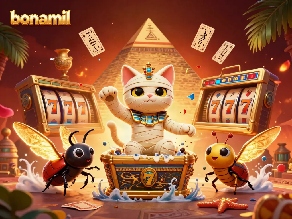 Gambarkan aksi dengan Bonamil dalam suasana kasino, dikelilingi slot dan simbol keberuntungan.