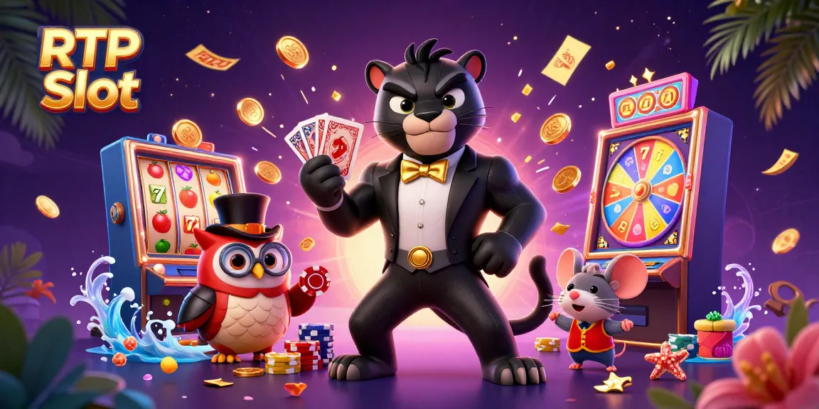 Engaging scene showcasing RTP Slot with a panther, owl, and mouse in a vibrant casino environment.