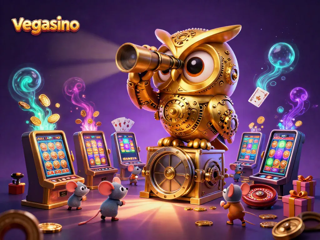 Experience vegasino thrills with a stunning 3D depiction of a golden owl scanning the casino floor amidst vibrant gaming elements.