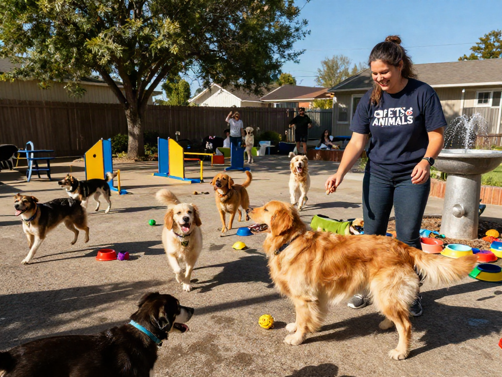 Engaging dog daycare scene with friendly interactions and vibrant play, highlighting slot depo 10k environment.
