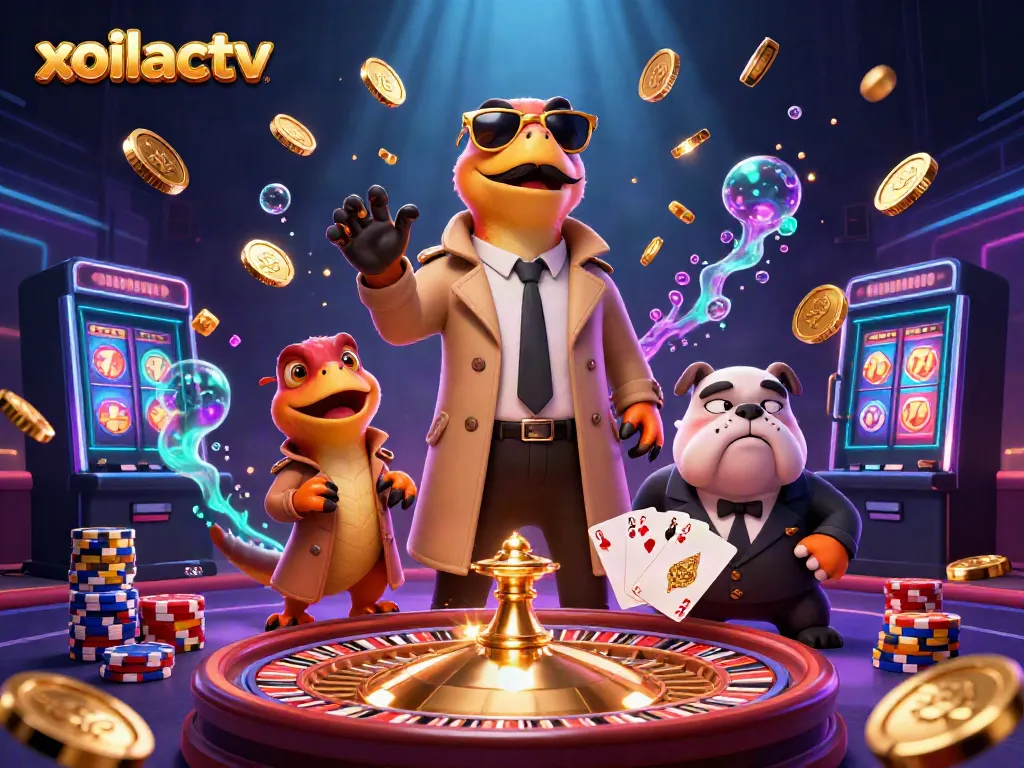 Xoilactv raptors in a trench coat entering a VIP casino lounge amidst golden coins and vibrant lights.