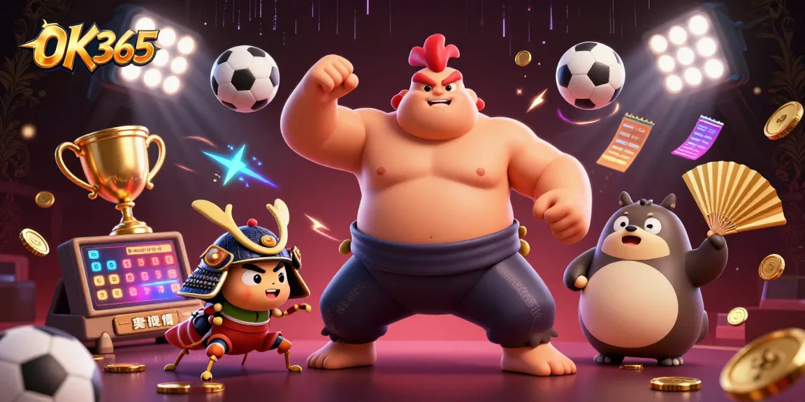 Experience thrilling betting action with OK365's vibrant casino scene showcasing unique characters and sports elements.