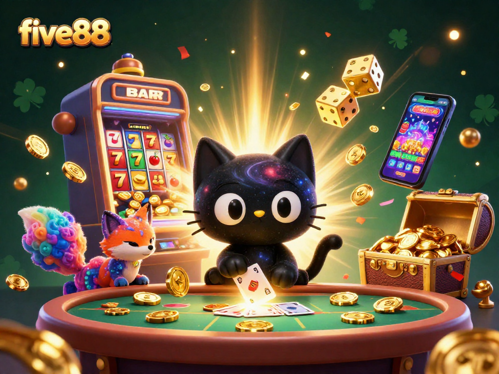 Experience the excitement of five88 with vivid gaming elements and cosmic characters at a casino table.