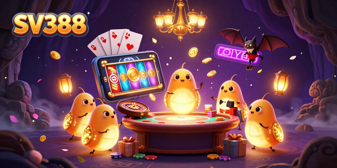 Experience vivid SV388 cockfighting action in a vibrant cave casino illustration featuring lively elements.