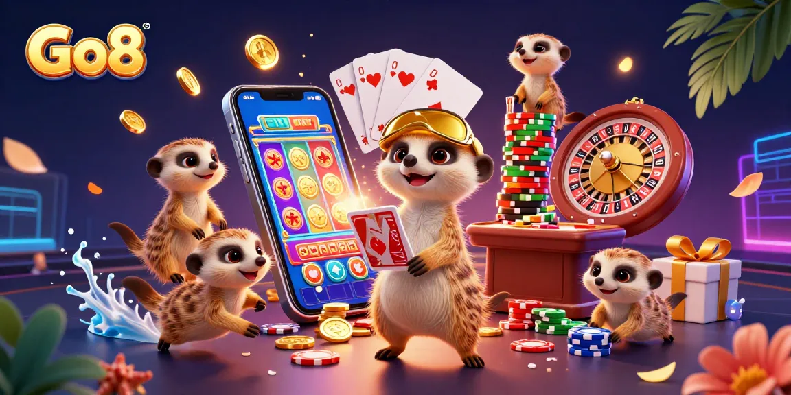 Go8 meerkats running a colorful casino operation with vibrant slot elements and dynamic gameplay.