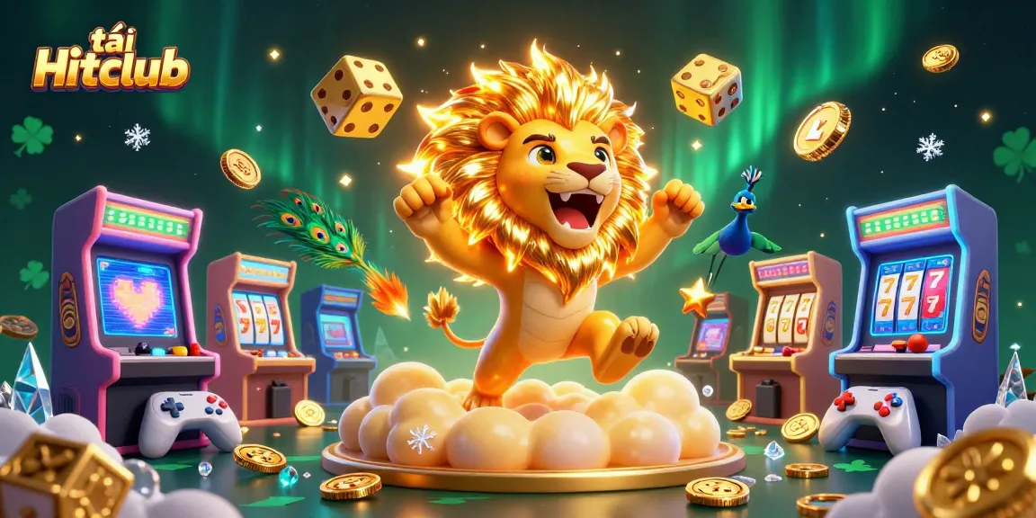 Immerse in the excitement of tải Hitclub with vibrant casino games and a roaring lion character.