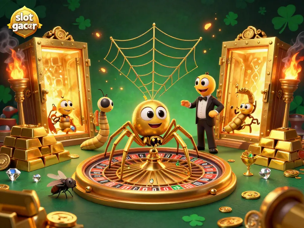 Experience thrilling slot gacor action with a 3D illustration of a golden spider and centipede croupier.