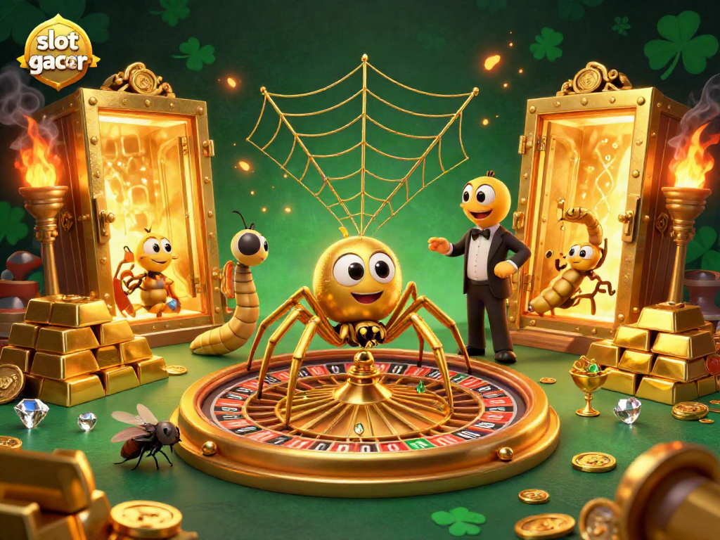Experience thrilling slot gacor action with a 3D illustration of a golden spider and centipede croupier.
