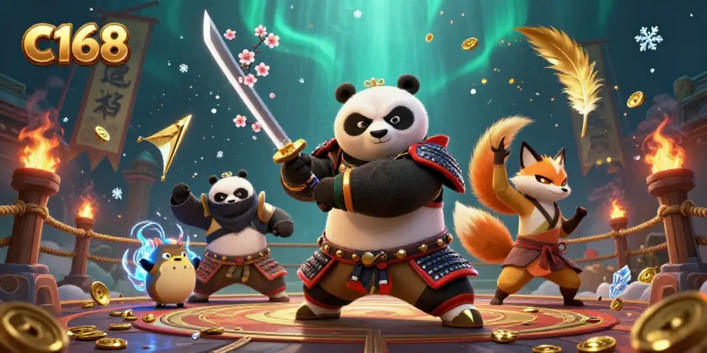 Engage in gaming excitement with C168, showcasing a dynamic casino scene featuring a samurai panda and ninja fox.