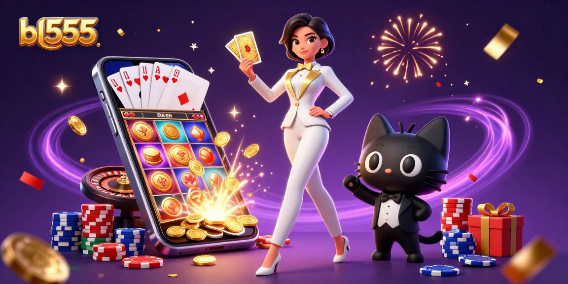 bl555 offers thrilling card gameplay with a glamorous woman shuffling cards beside a stylish cat in a dynamic casino scene.