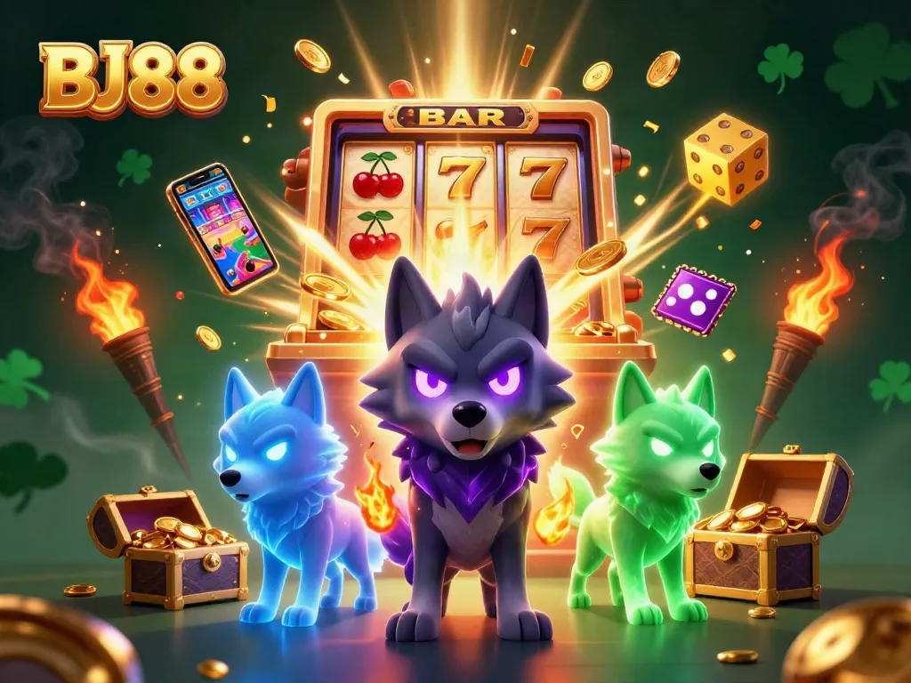 Experience BJ88 thrills with a dynamic 3D casino scene showcasing a jackpot slot machine surrounded by glowing wolf characters.