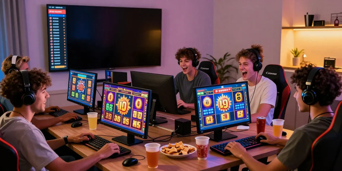 Players enjoying slot online games in a vibrant home gaming setup with colorful screens and snacks.