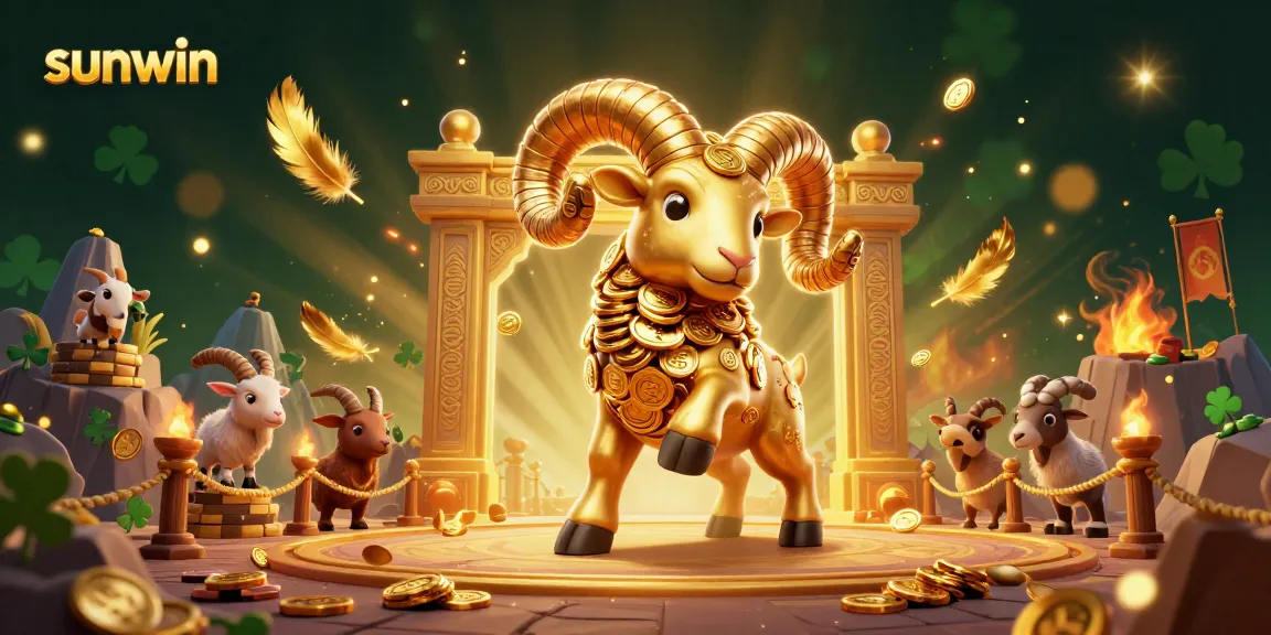 Experience sunwin thrill with dynamic golden ram charging at the gates of fate surrounded by rich gambling elements.