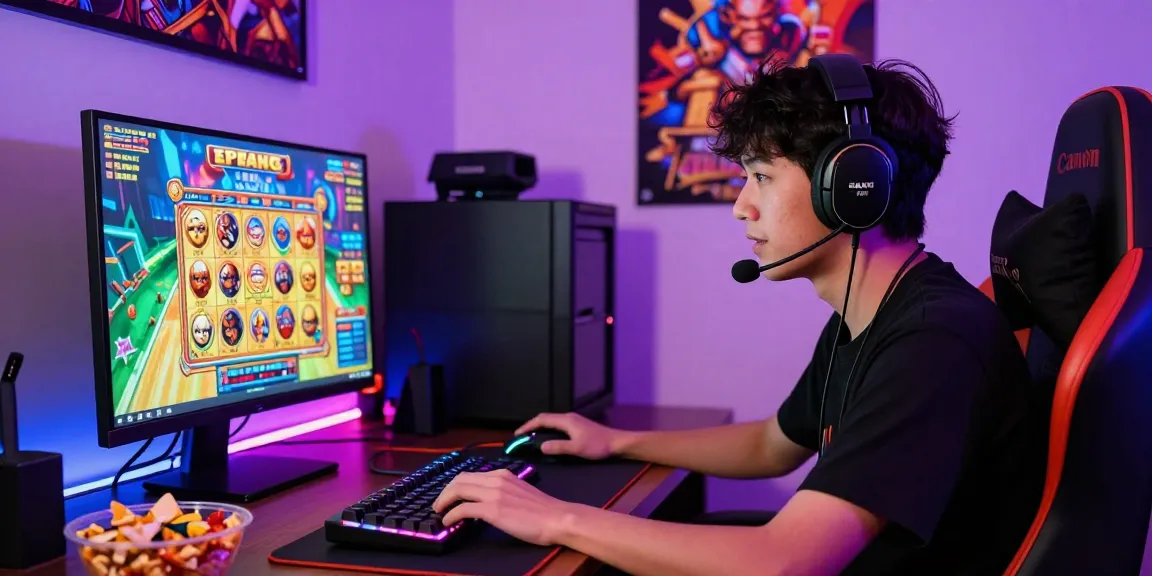 Exciting online gaming setup with player engaged in slot jepang experience, vibrant colors and high-tech accessories.