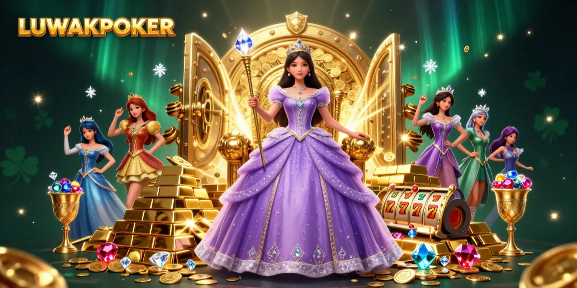Engage with LUWAKPOKER's captivating slots scene featuring a glamorous princess, treasure, and gold elements.