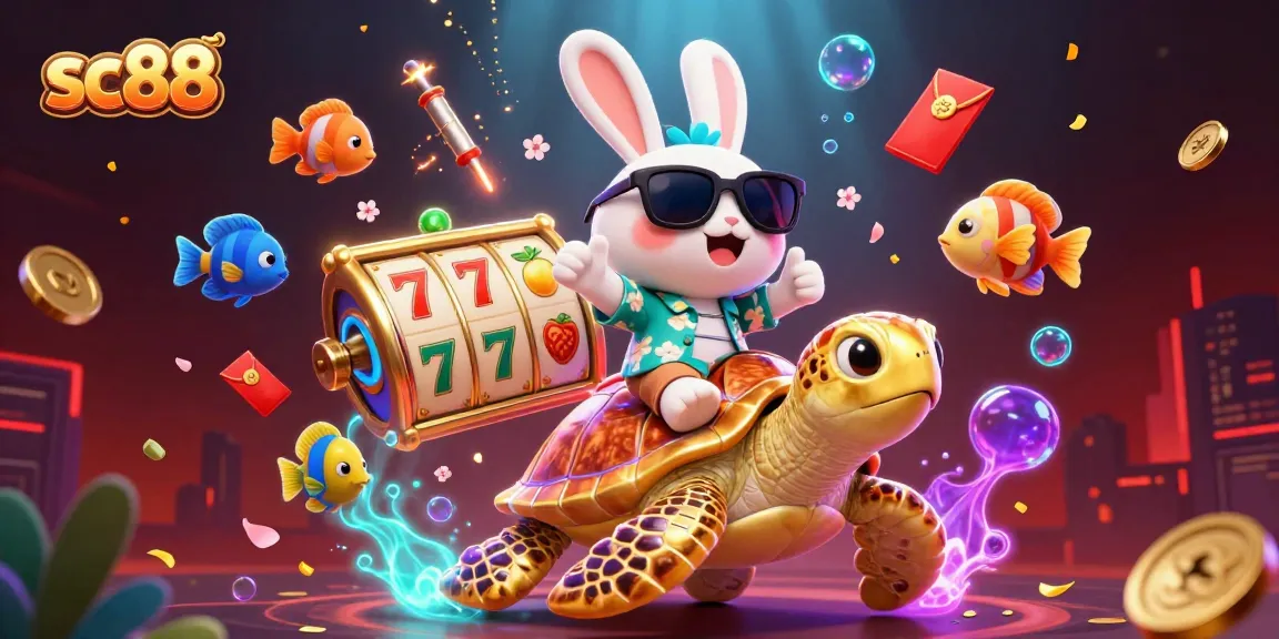 Engage in thrilling moments with sc88's vibrant 3D cartoon illustration of a lucky rabbit and sea turtle.
