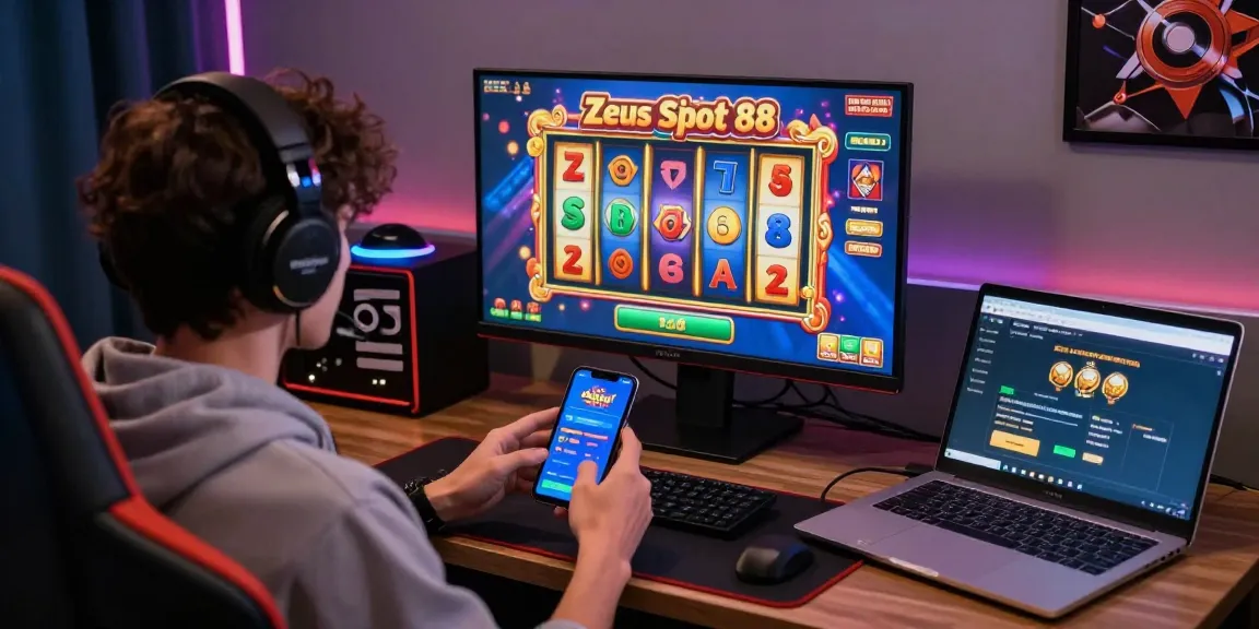 Engaging online gaming scene featuring a player exploring daftar slot on a vibrant Zeus Slot 88 interface, showcasing an energetic gaming environment with accessories.