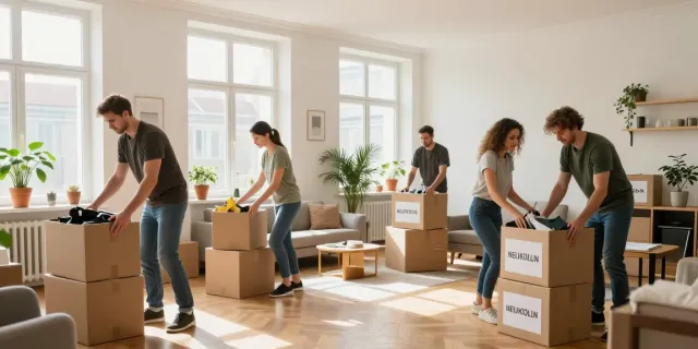 Professionelle Wohnungsauflösung Berlin Neukölln mit Umzugsteam, das effizient Möbel sortiert.