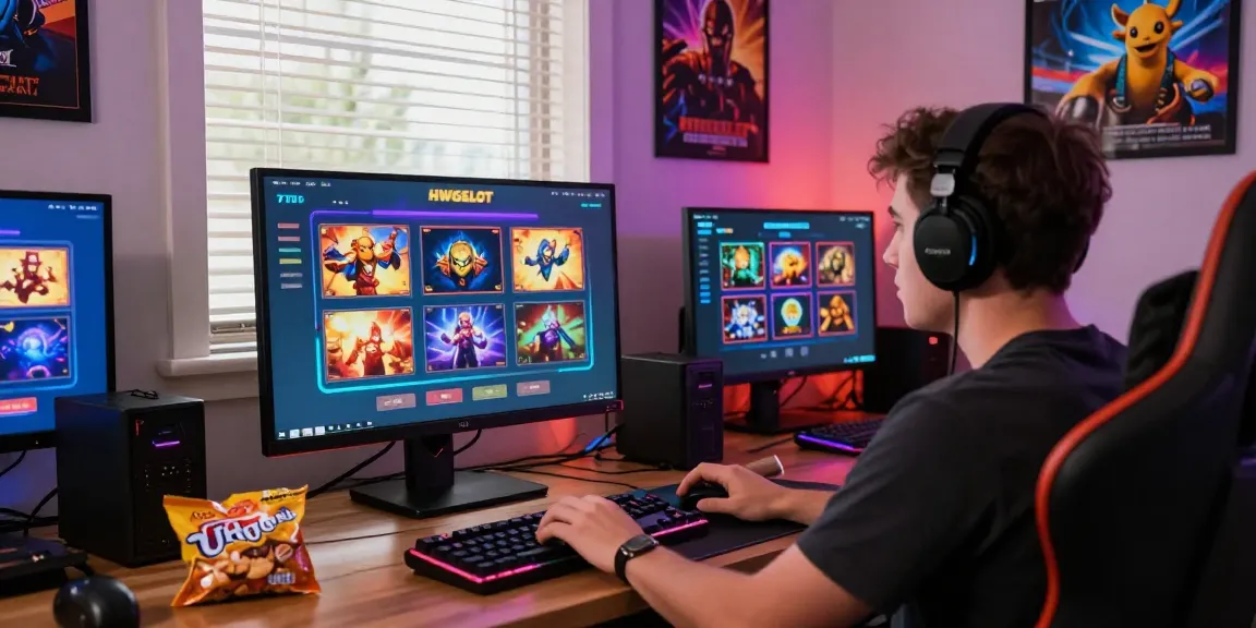 Engaging HWGSLOT gaming scene with player at computer, colorful slot graphics, cozy room atmosphere.
