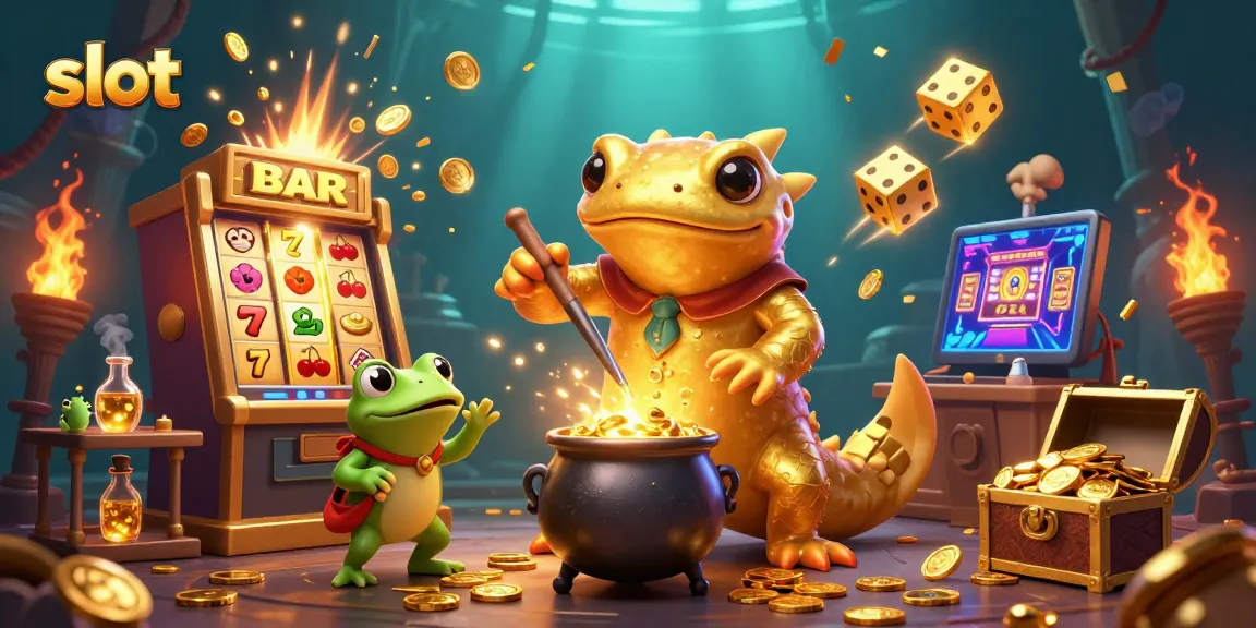Spin and win on slot machines while experiencing a magical gold transformation in this vibrant scene.