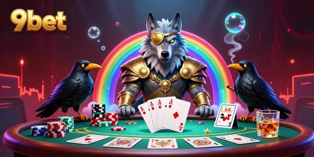 Experience the thrill at 9bet with a vivid illustration of a Norse-inspired wolf and casino elements.
