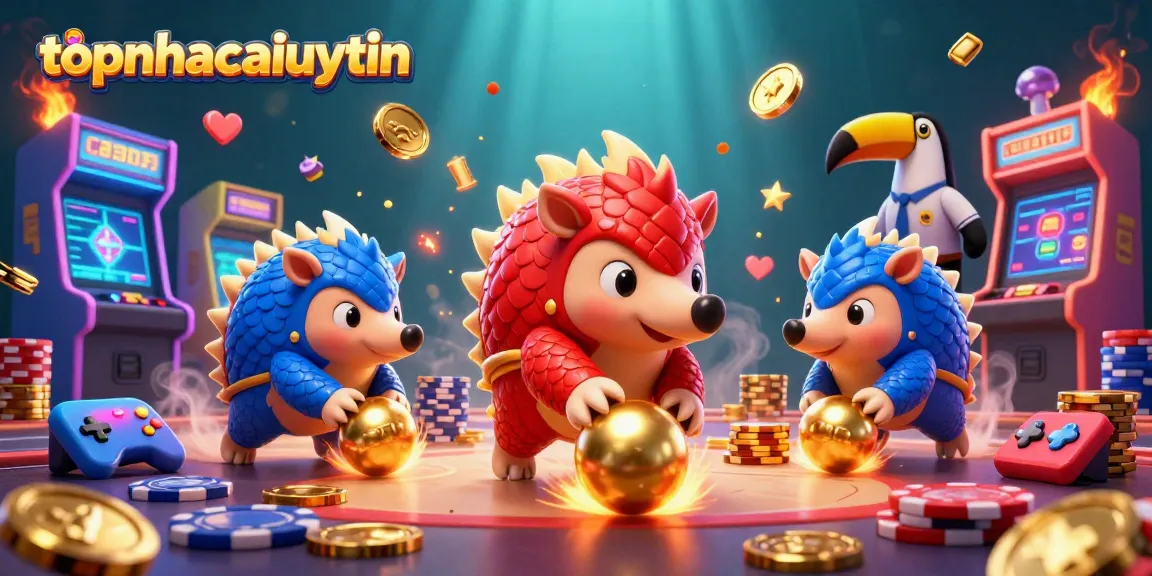Topnhacaiuytin features a vibrant scene with cartoon pangolins competing and colorful gambling elements.