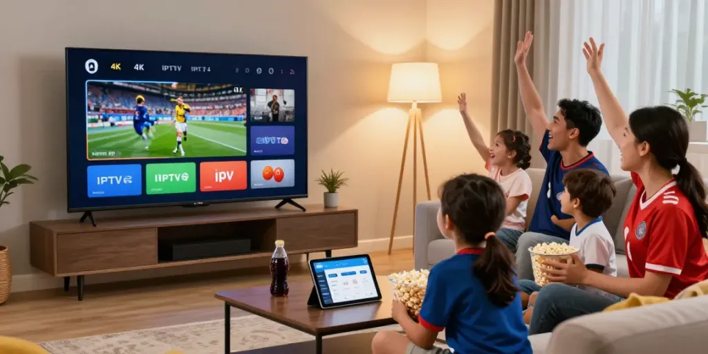 Family enjoying IPTV deutch sports streaming in a cozy living room setting, showcasing 4K content and modern decor.
