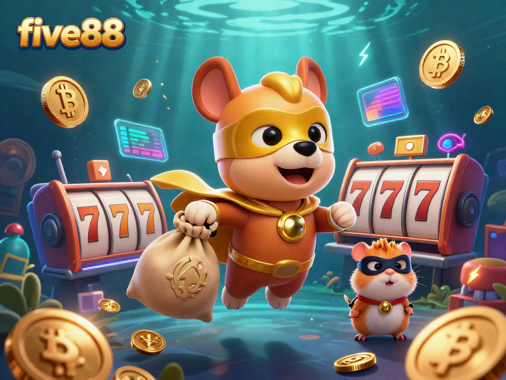 Catch the excitement with five88 in this vibrant casino scene featuring a superhero dog and sidekick.