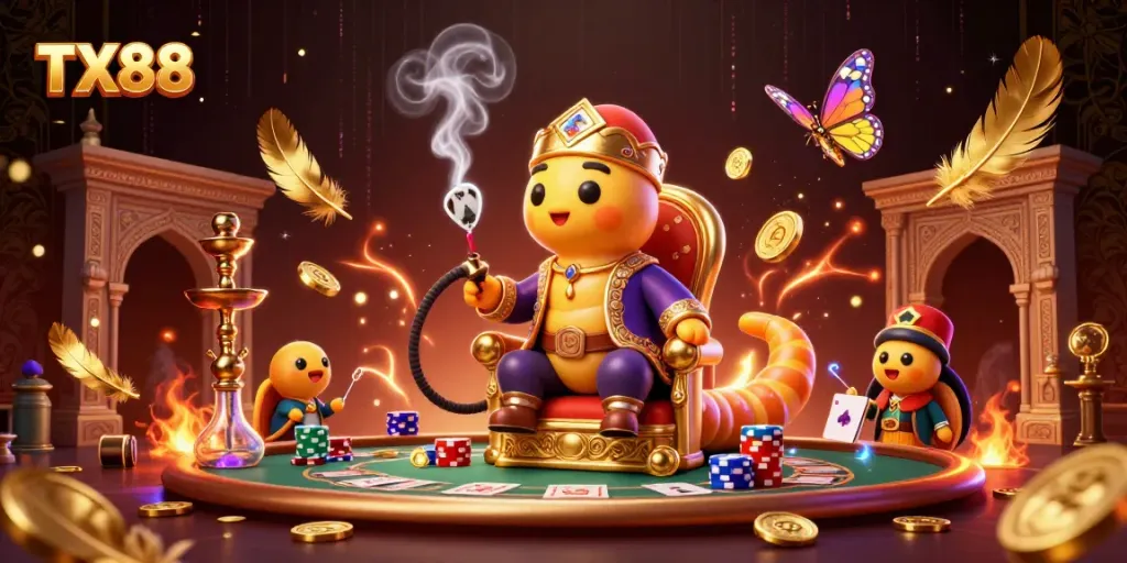Experience the excitement of poker at TX88 with an enchanting 3D illustration showcasing casino elements.