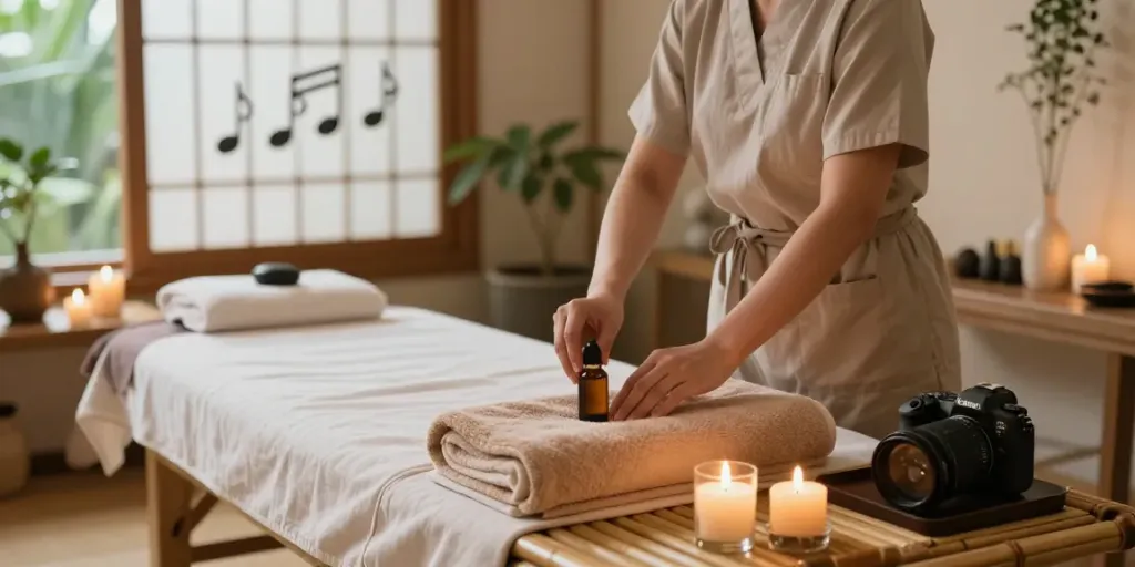 Comfortable spa setting for 구로출장마사지 therapy with calming ambiance and soothing elements.