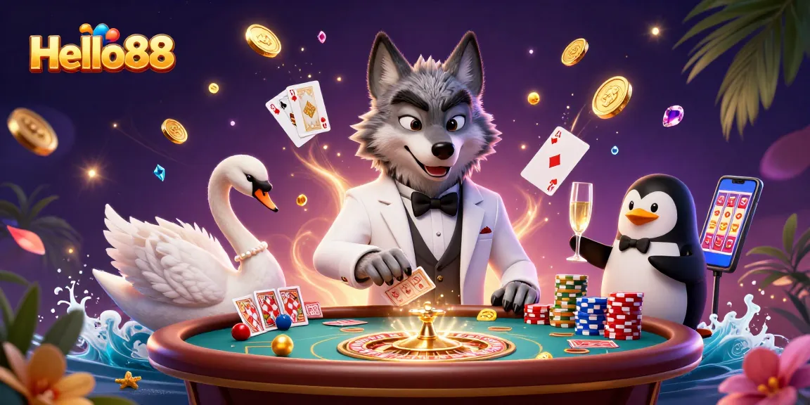Experience exciting gameplay at Hello88 with a vibrant 3D casino scene featuring a stylish wolf and elegant swan.