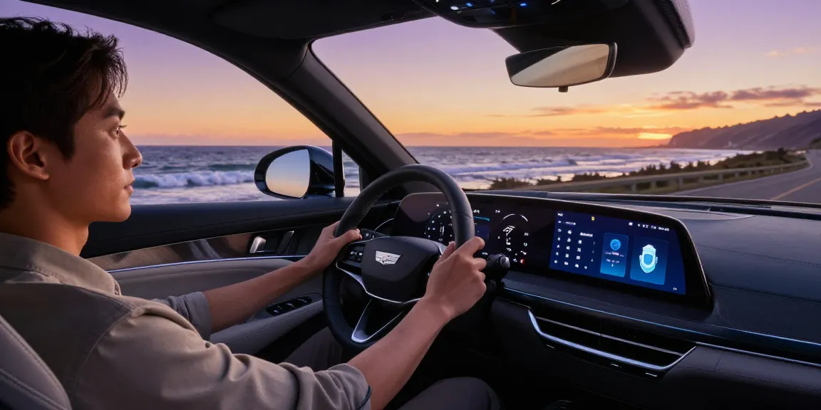 Do the driving modes in Cadillac Lyriq offer different ranges or battery usages? A driver exploring driving mode options in a sleek Cadillac Lyriq on a coastal road.