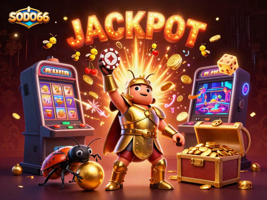 Engage in thrilling gaming at SODO66 with vibrant 3D illustration showcasing a jackpot celebration.