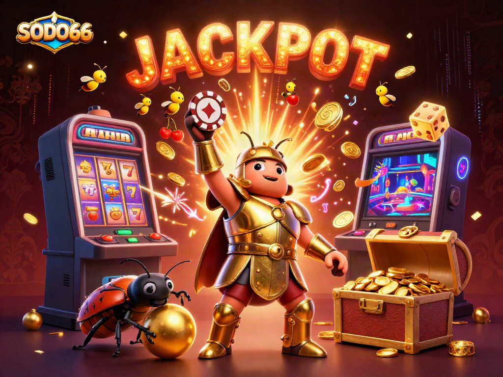 Engage in thrilling gaming at SODO66 with vibrant 3D illustration showcasing a jackpot celebration.