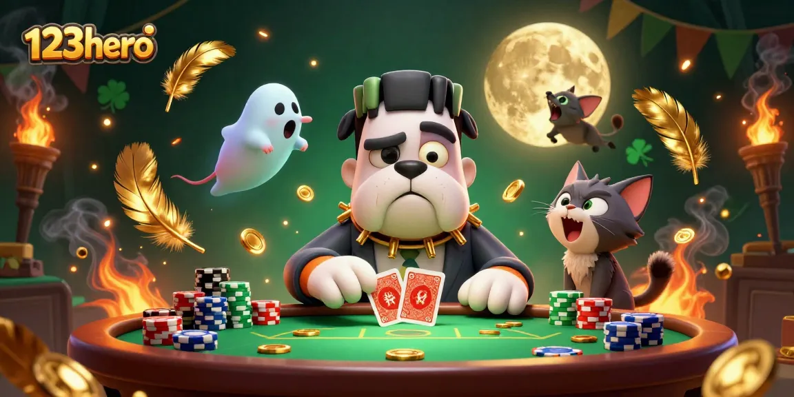 Join the 123hero poker table with a fun 3D cartoon scene of a Frankenstein bulldog dealer.