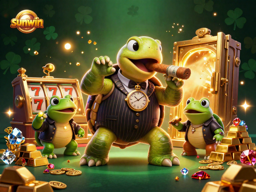 Win big at sunwin casino with a lively 3D illustration of cartoon characters and slot game elements.