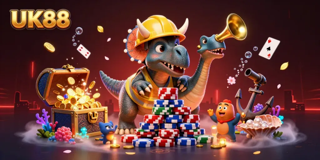 Engage with the thrilling casino experience at UK88 as cheerful characters build excitement with poker chips.