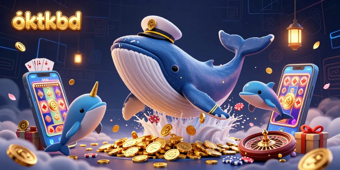 Experience the excitement of oktkbd with a whale breaching in coins alongside gaming elements like poker chips and slot machines.