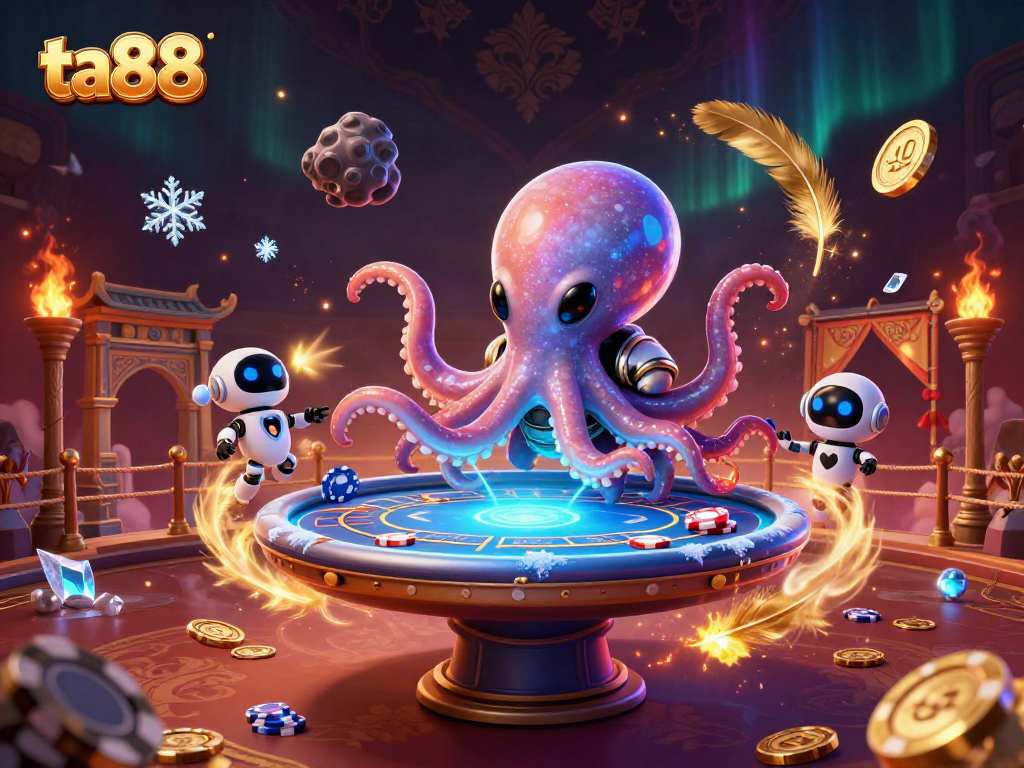 Engage in thrilling card battles at ta88 with an alien octopus dealing poker at a cosmic casino.