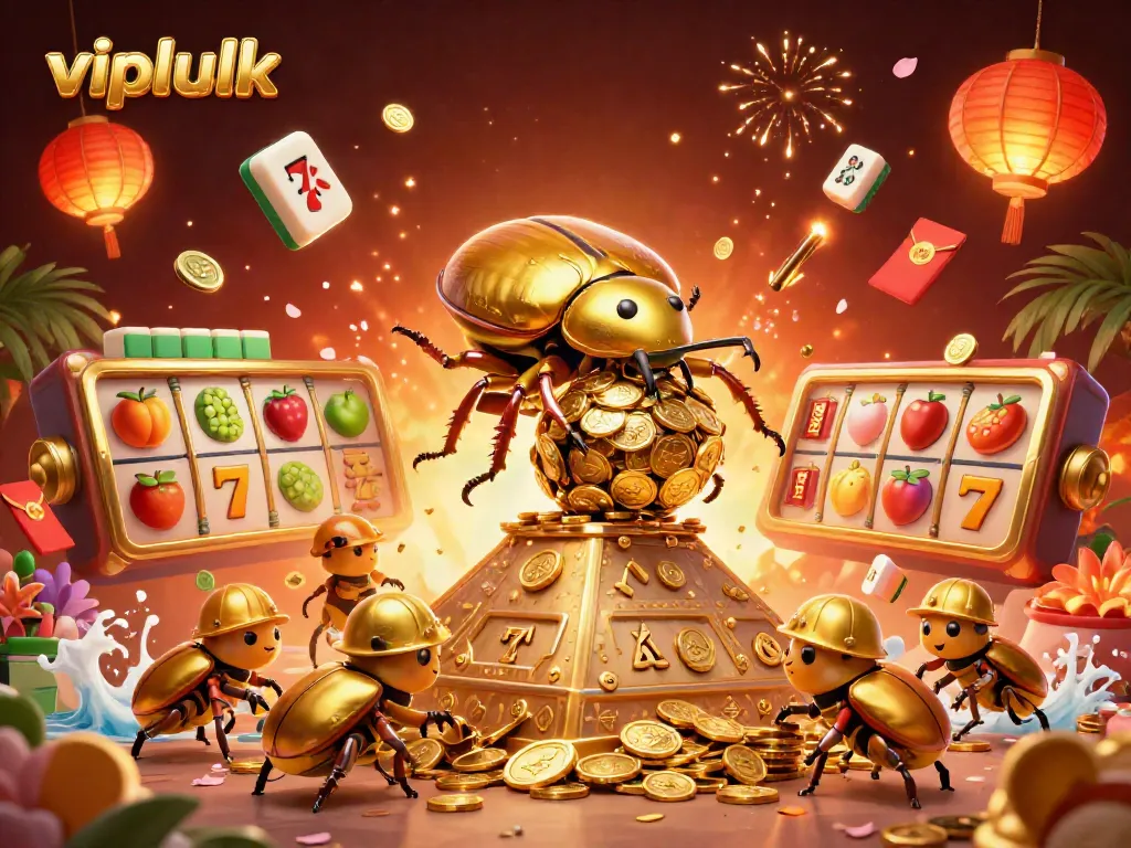 Experience Vipluck's dynamic casino world with golden beetles and vibrant slot symbols.