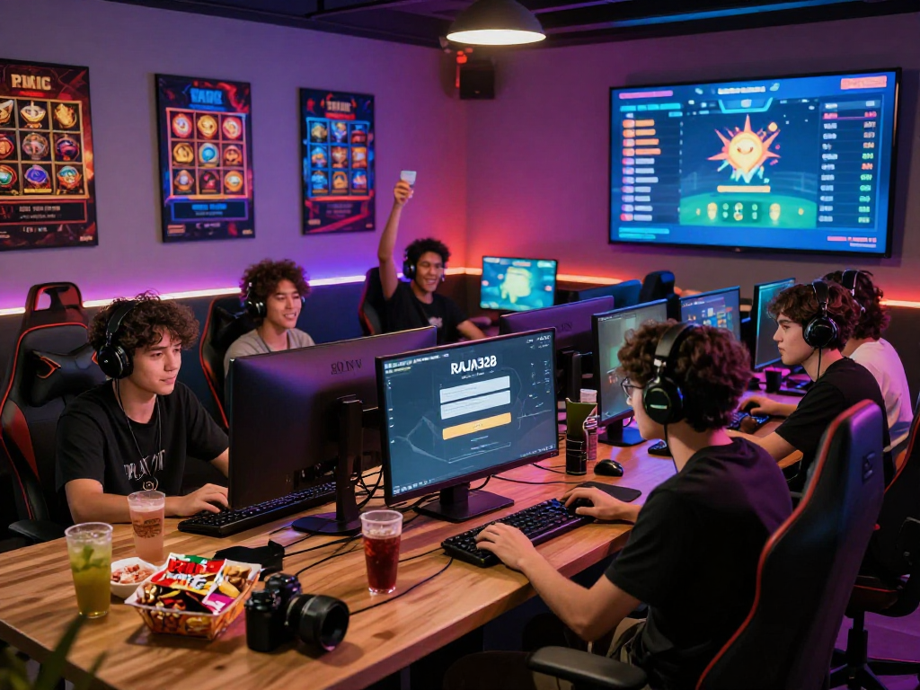 Exciting gaming community scene at RAJA328 with players engaged in online betting actions, showcasing link raja328 effectively.
