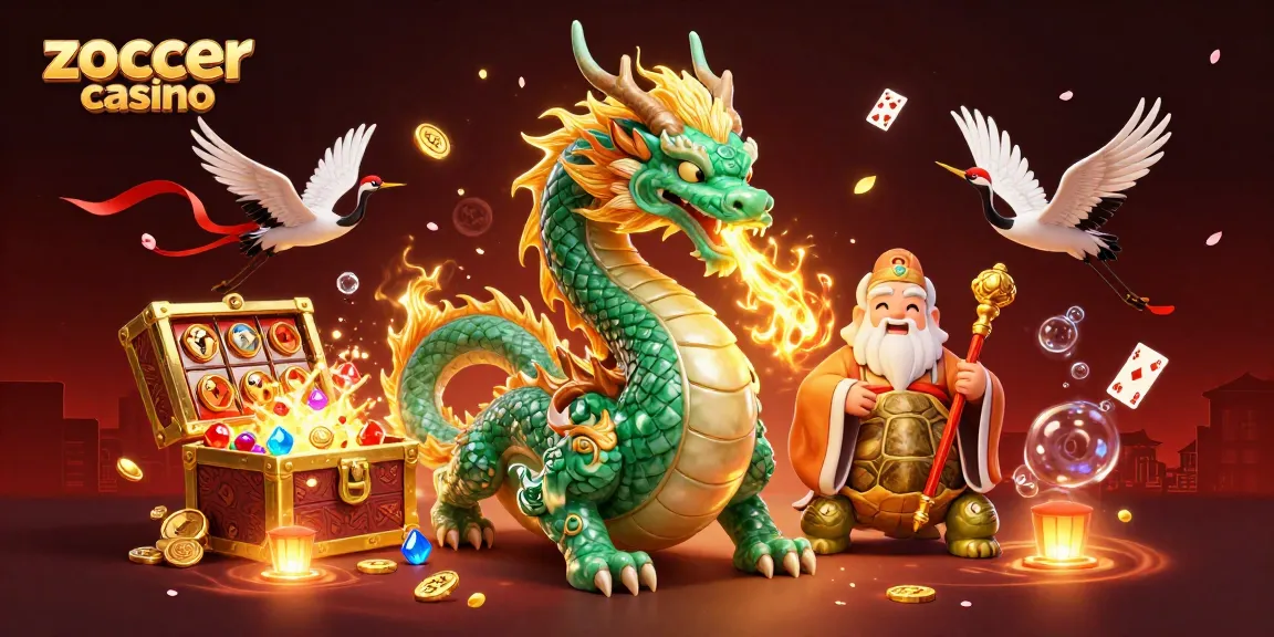 Engage with zoccer casino's thrilling gameplay through vibrant 3D illustration of a jade dragon and turtle sage.