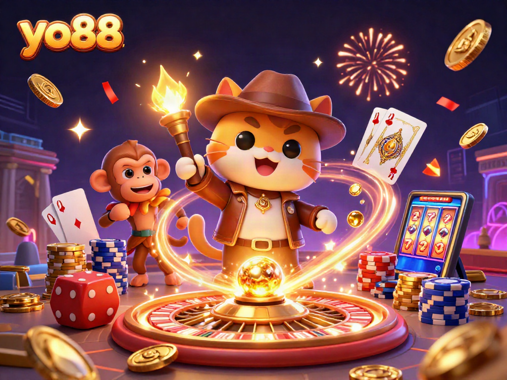 Engage with yo88's thrilling gaming adventure, exploring treasures surrounded by dynamic casino elements.