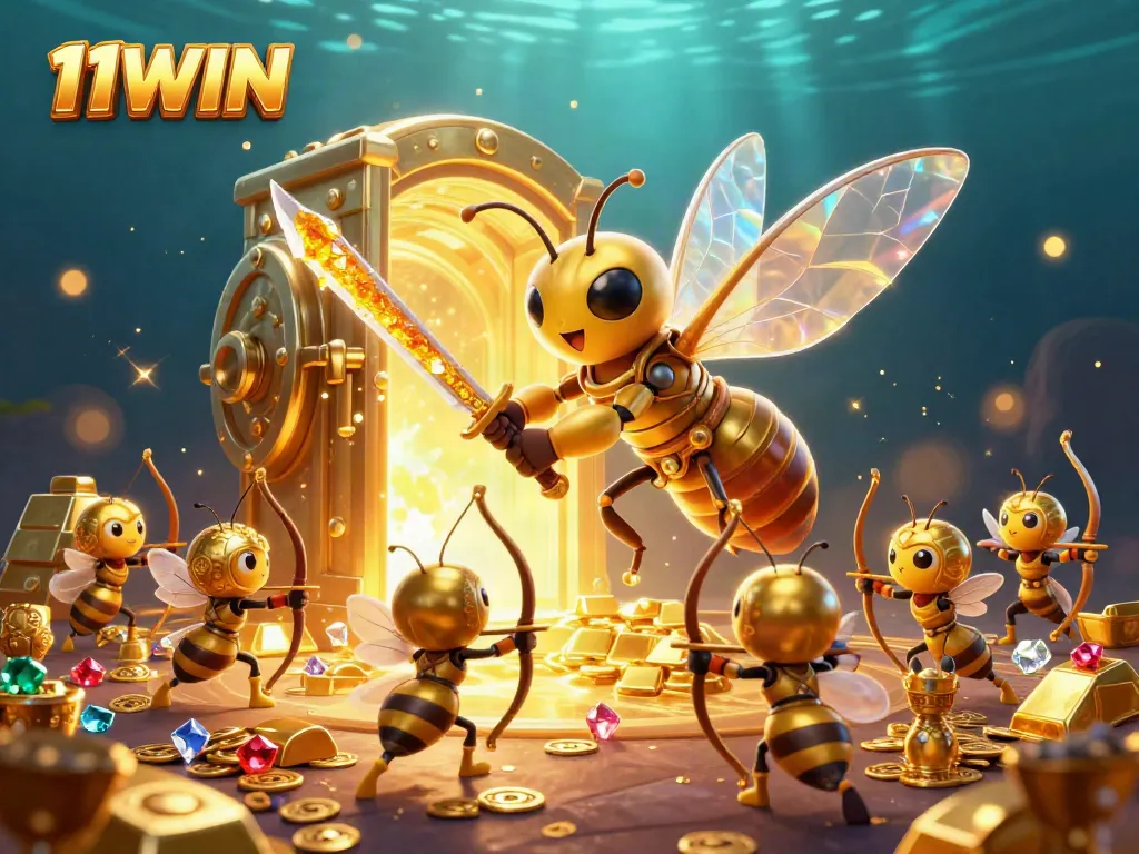 Uncover thrilling gaming adventures at 11WIN with a vibrant gold-themed casino illustration.