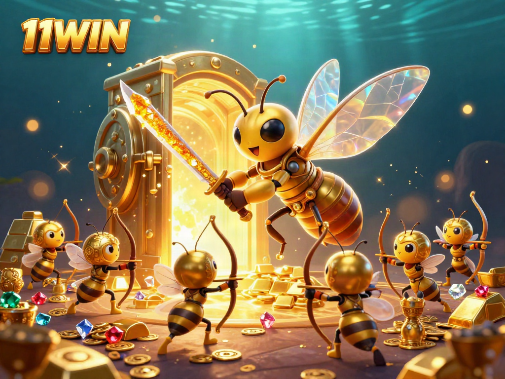 Uncover thrilling gaming adventures at 11WIN with a vibrant gold-themed casino illustration.