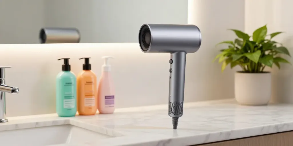 Moderne Badezimmeransicht mit Ionen-Haartrockner und Pflegeprodukten auf Marmortisch.