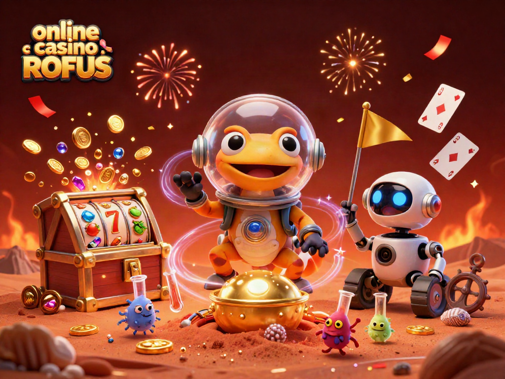 Engage with the thrill of the online casino uden ROFUS experience as a Martian gecko discovers gold amidst vibrant gaming elements.