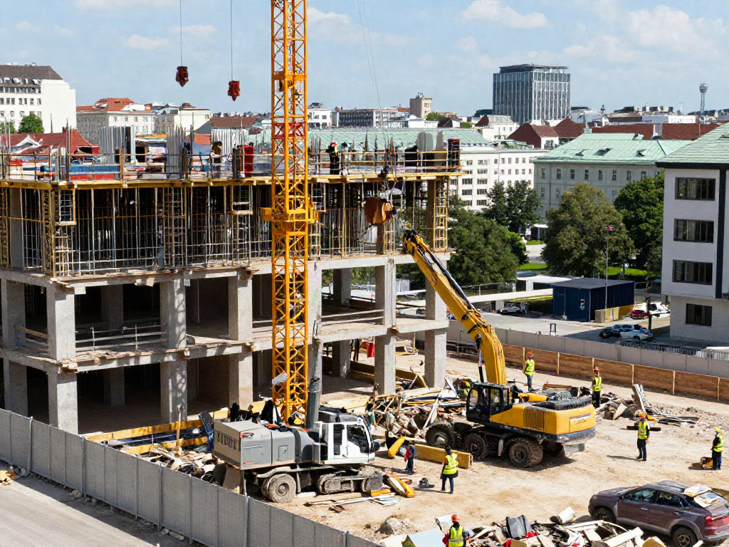 Professionelle Abbrucharbeiten in Wien mit Bauarbeitern und Maschinen.